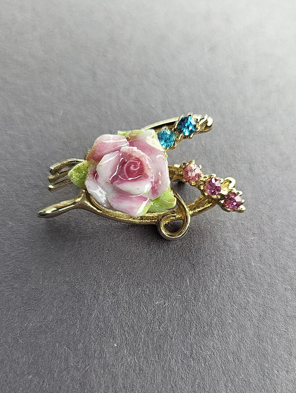 Coro Gold-Tone Pink Rose Brooch with Blue and Pink Crystals